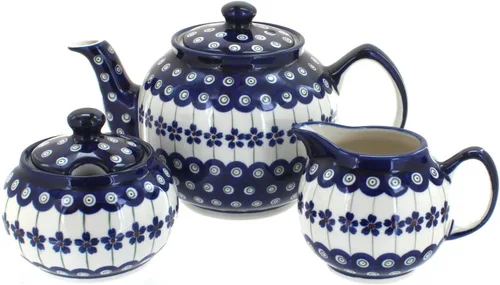 Vista 5 de Juego de té pequeño de tres piezas de pavo real de cerámica polaca de rosa azul