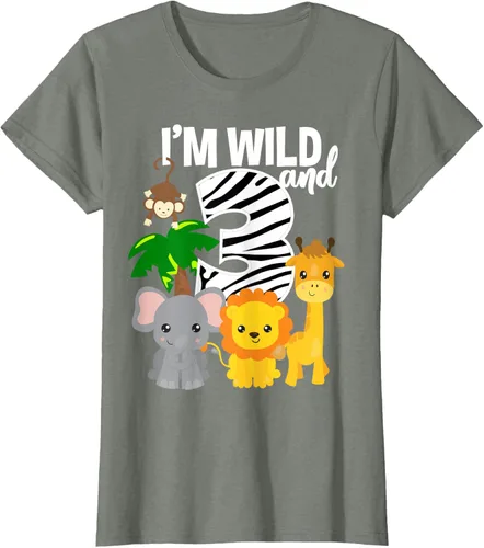 Vista 16 de Camiseta de cumpleaños con temática de zoológico de I'm Wild and 3, Negro, S