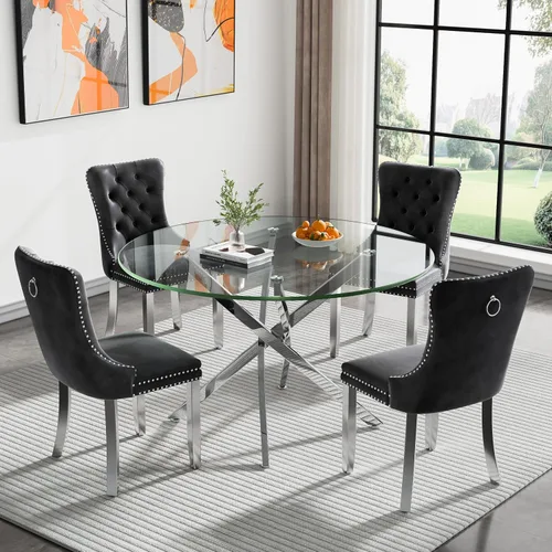 Vista 109 de Juego de mesa de comedor SSLine moderno de 3 piezas con mesa redonda de vidrio para 2, lujosa mesa de comedor circular de 36" con tapa de vidrio