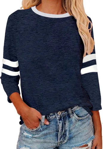 Vista 9 de Camisas de manga 3/4 para mujer, camisetas de verano con cuello redondo, camisetas básicas sueltas de mezcla de algodón para mujer