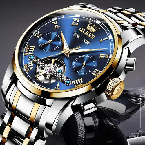 Vista 8 de OLEVS Relojes automáticos de cuerda automática para hombre, fecha y día, calendario, relojes de acero inoxidable, movimiento esquelético