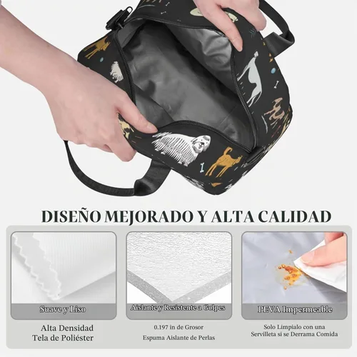 Vista 4 de Bonita Lonchera de Perinsto con Perros en Fondo Negro, Bolsa de Almuerzo Reutilizable Aislada con Correa Ajustable para Oficina, Trabajo, Picnic