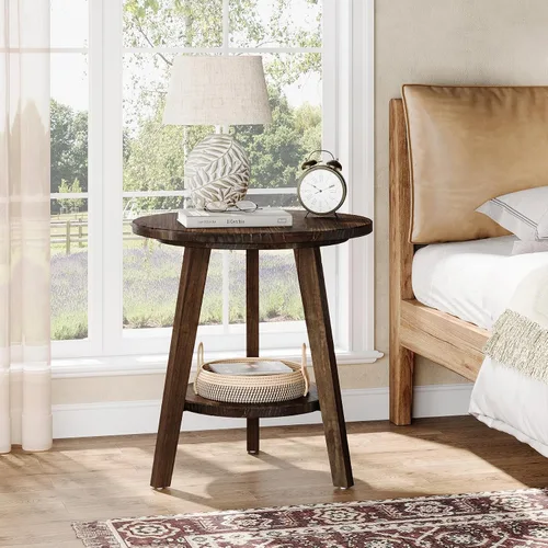 Vista 5 de Mesa de noche redonda de madera maciza, mesa auxiliar para sofá con estante de almacenamiento, mesita de noche de estilo granja para sala de estar
