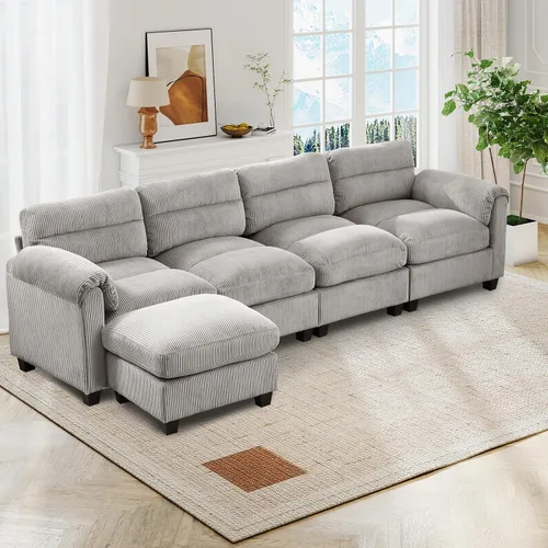 Vista 55 de HAOMARKETS Sofá esquinero modular en forma de L de 115 pulgadas con 2 otomanas móviles, sofás de pana de 8 plazas con cojín grueso para sala de Beige