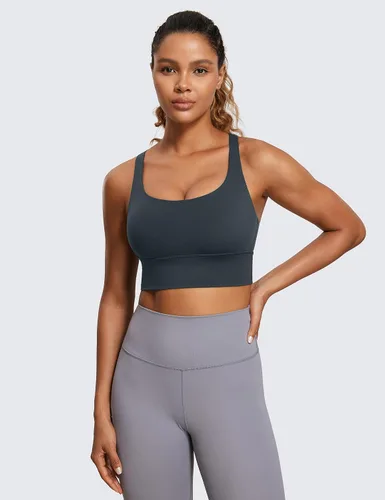 Vista 2 de CRZ YOGA Brasier deportivo con tirantes delgados para mujer, de impacto medio, con relleno cruzado y relleno para yoga