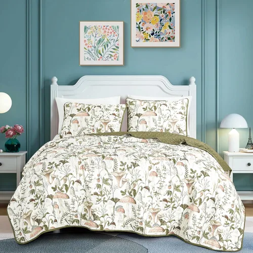 Vista 25 de ESCA - Juego de colcha de 3 piezas, tamaño Queen, con estampado de girasoles amarillos reversible, floral negro y verde