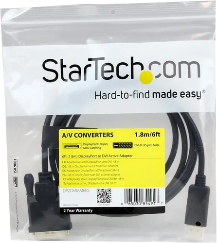 Vista 2 de StarTech.com cable conversor de adaptador de video DisplayPort a DVI - M/M DVI (Activo) 6 ft Negro DP 1.2 HBR2, Enlace único, Activo, 1080p 60Hz