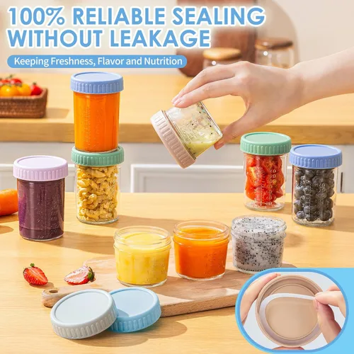 Vista 4 de DRKIO Paquete de 12 recipientes de vidrio para almacenamiento de alimentos para bebés - Frascos de comida para bebés de 4 y 8 onzas con tapas 4 oz