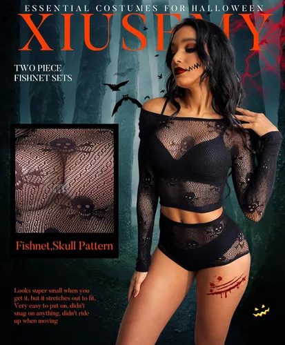 Vista 2 de XIUSEMY Conjunto de lencería de dos piezas para mujer, conjunto de red de calavera y bragas para Halloween