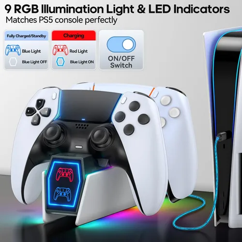 Vista 2 de PS5 Controller Charger Station Compatible with Playstation 5 Skin Edge & Dual Controller, 9 RGB LED Light PS5 Accessories Charging Station, PS5