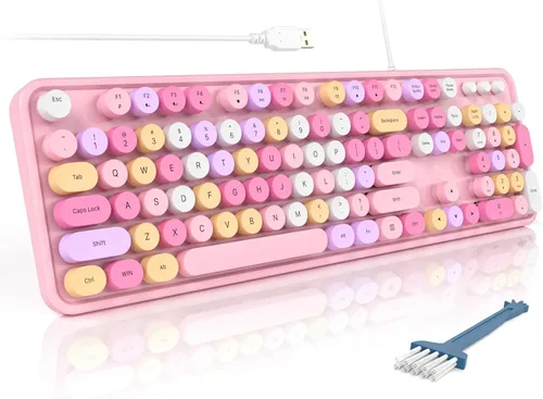 Vista 12 de MOFII Teclados de computadora con cable, teclado USB de tamaño completo Plug Play, bonito teclado estético colorido con soportes plegables
