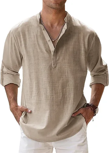 Vista 11 de Camisas de lino para hombre, de manga larga, con botones, de algodón, lino, talla grande, cuello de banda, color sólido, camisa de playa