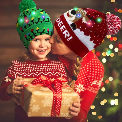 Vista 5 de Geyoga Sombrero de suéter de Navidad con luces LED, gorro de punto, gorro de invierno unisex