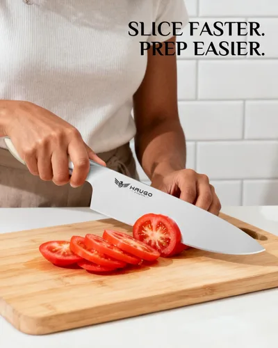 Vista 6 de Juego de cuchillos de cocina con bloque: 14 piezas de acero inoxidable alemán de espiga completa - Agarre cómodo que reduce la fatiga de la mano 30%