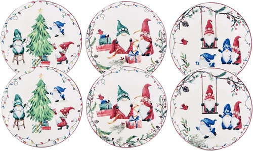 Vista 4 de Bico - Juego de 6 platos de aperitivo de gnomos navideños, 6 pulgadas, pequeños platos de postre de cerámica para bocadillos, ensalada, decoración