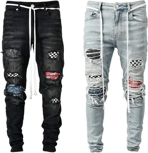 Vista 5 de Pantalones de mezclilla para hombre, estilo vintage, rasgados, estampados, ajustados, estilo hip hop, ajustados, con parches