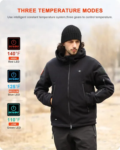 Vista 4 de DEWBU Chaqueta térmica de vellón polar con batería de 12 V sudadera con capucha eléctrica de vellón suave