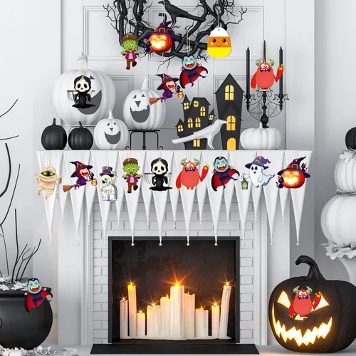 Vista 7 de Gerrii 40 adornos de Halloween de madera para decoración de árbol de Halloween, calabaza, fantasma, bruja, esqueleto, mini adornos colgantes