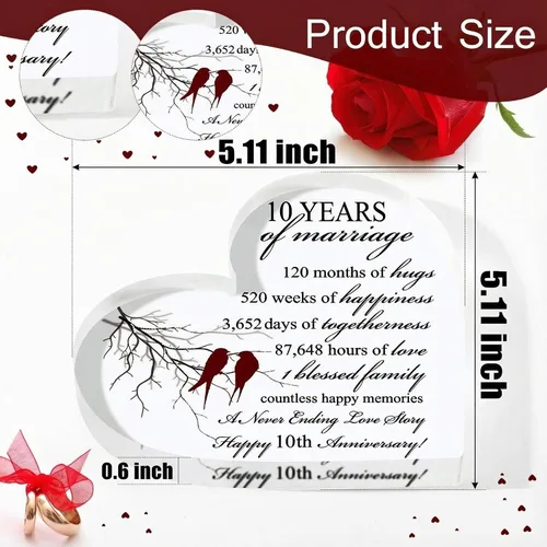 Vista 2 de Qunclay Regalo de 10 años de matrimonio Recuerdo de aniversario de boda Corazón Recuerdo de matrimonio Decoración Regalo para pareja padres mujeres