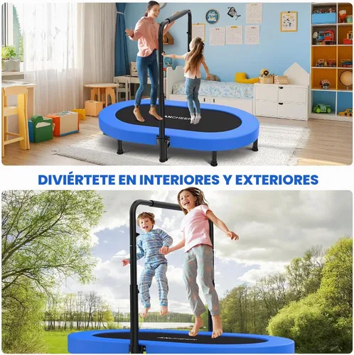 Vista 6 de ANCHEER Mini trampolín doble de 56 pulgadas para niños, mini rebote con mango ajustable de 5 niveles, trampolín para padres e hijos para niños Azul