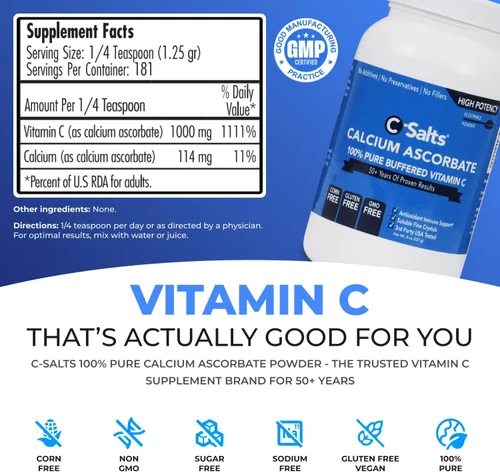 Vista 2 de C-Salts Polvo de vitamina C de ascorbato de calcio puro, bebida en polvo tamponada no ácida sin azúcar para apoyo inmunológico, protección