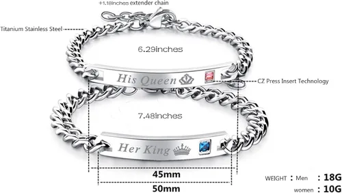 Vista 3 de Regalo para amante, su reina y su rey, pulseras de acero inoxidable para parejas, para mujeres y hombres, juego de joyas a juego