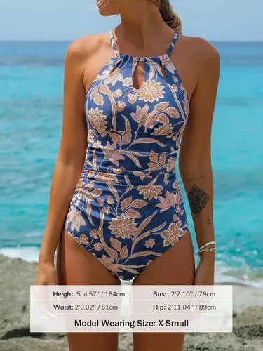Vista 4 de CUPSHE - Traje de baño de una pieza para mujer, cuello alto, control de abdomen, traje de baño