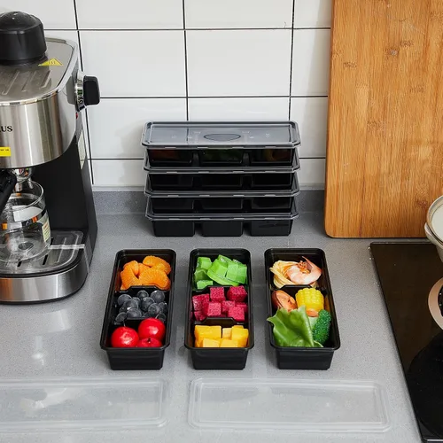 Vista 4 de Hushee Paquete de 5 recipientes pequeños de 17 onzas con 3 compartimentos para aperitivos con tapa, caja Bento de plástico desechable, cajas de Negro