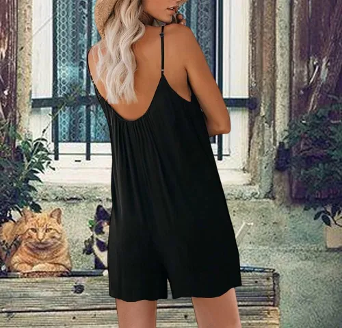 Vista 5 de Overol casual de verano para mujer, sin mangas, con correa de hombro, holgado, ajustable, pantalones cortos elásticos con bolsillos
