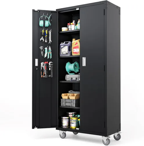Vista 32 de VINGLI Armario de Pared para Garaje con Puertas con Cerradura y Estante Ajustable, Gabinete de Pared de Metal, Gabinete de Almacenamiento Superior