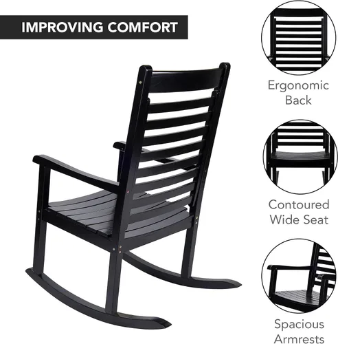 Vista 5 de Silla mecedora de madera moderna de Shine Company, balancín de porche ergonómico de asiento ancho, color negro