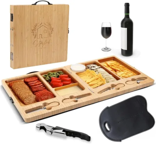 Vista 9 de Tabla de charcutería – Tabla grande de queso de bambú con juego de cuchillos magnéticos – Plato de queso de madera – Tabla de charcutería plegable
