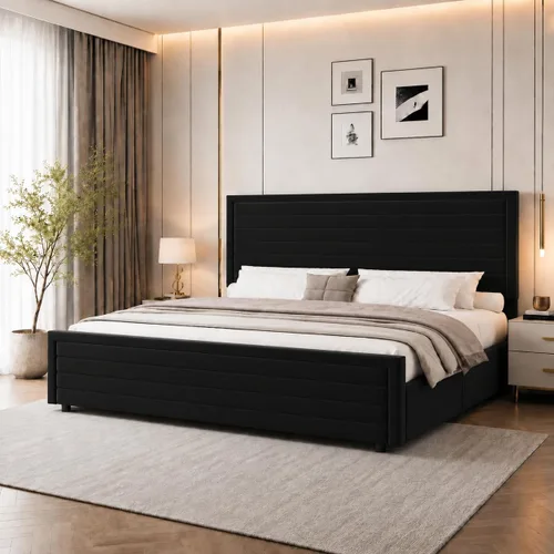 Vista 10 de REVOMINCA Armazón de cama tamaño completo (Full Size), plataforma tapizada con cabecera y pie de cama de terciopelo, base de colchón con listones