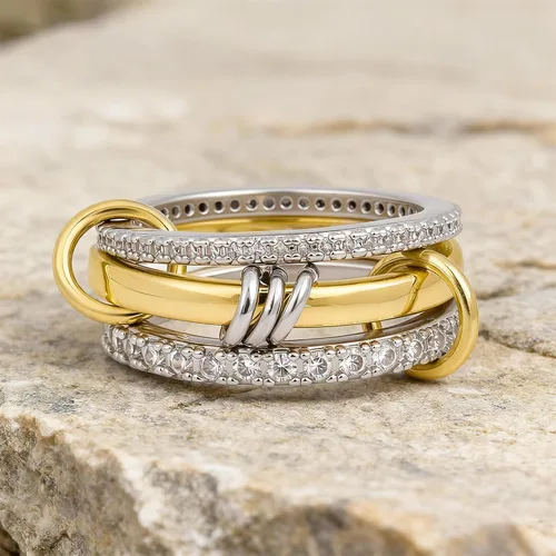 Vista 3 de Anillos apilables para mujer, chapados en oro de 18 quilates, juego de 3 anillos con circonita cúbica, juego de anillos plateados y dorados