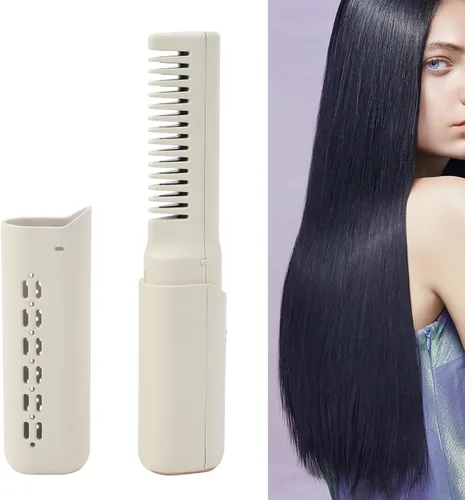 Vista 9 de Mini alisador de pelo recargable inalámbrico, cepillo de peine portátil con 3 temperaturas ajustables para todo tipo de cabello (caqui)