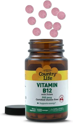 Vista 6 de Country Life Vitamina B12 con folato, apoya la producción de energía y glóbulos rojos, 500 mcg, 100 pastillas, certificado sin gluten, vegano