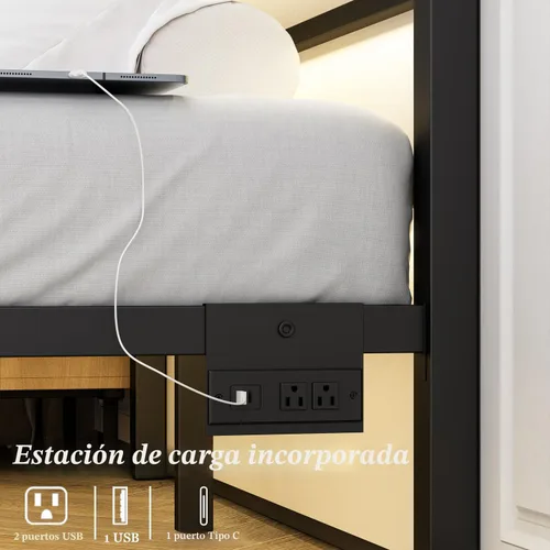 Vista 4 de Jenmit - Estructura de cama de tamaño completo con estación de carga y luces LED, estructura de cama de plataforma metálica con cabecera y pie
