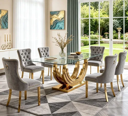 Vista 44 de SSLine Mesa de comedor de cristal dorado de 70 pulgadas para 4-6, base de Mesa de oro floral