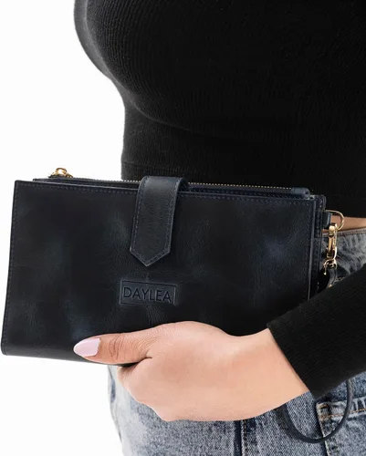 Vista 8 de Cartera de cuero genuino para mujer con protección RFID, cartera plegable para teléfono celular, con cremallera, diseño delgado, con múltiples