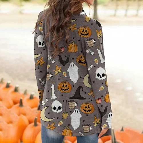 Vista 3 de kinstell Cárdigan de manga larga para mujer, diseño de calabaza, animal, gato negro, fantasma, abrigo ligero