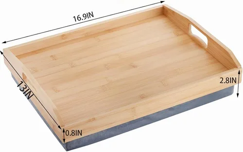 Vista 2 de Cedilis Bandeja de regazo de bambú con almohada desmontable, bandeja de servir de 16.9 x 13 pulgadas con asas para comer en la cama