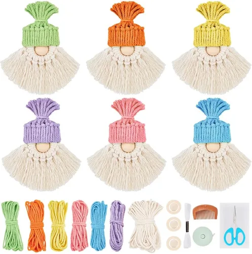 Vista 10 de FREEBLOSS Juego de 6 gnomos de Navidad de macramé de Papá Noel, kit de macramé de Papá Noel para decoración de árbol de Navidad, gnomos colgantes