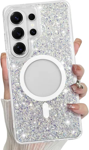 Vista 722 de Bonoma - Funda compatible con Samsung Galaxy S21 Plus, diseño de corazón con purpurina, color rosa Support for MagSafe, Plating Magnetic Case TPU