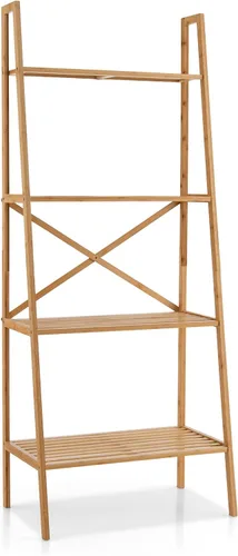 Vista 9 de Giantex Estantería de bambú de 4 niveles, estantes de almacenamiento multifuncionales con dispositivo antivuelco, estante de escalera de bambú