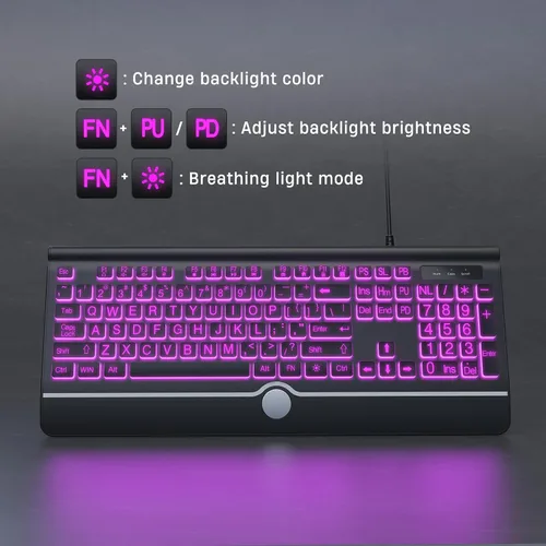 Vista 5 de KOPJIPPOM Teclado de computadora retroiluminado con impresión grande, teclados USB con cable de tamaño completo con retroiluminación de 7