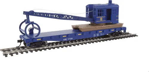 Vista 2 de Walthers Trainline Coche plano con grúa de tala listo para funcionar-Ferrocarril de Alaska (azul) 931-1780 Modelo de ferrocarril a escala HO