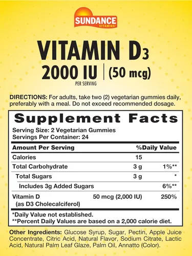 Vista 2 de Sundance Gomitas de vitamina D3 2000 UI 48 unidades Sabor a piña Suplemento vegetariano, sin OMG y sin gluten