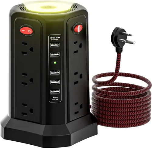 Vista 13 de Regleta de protección contra sobretensiones con torre y 5 puertos USB y luz nocturna, cable de extensión de 10 pies con 12 tomas múltiples de CA