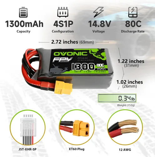 Vista 2 de OVONIC 4S Lipo Batería 80C 1300mAh 14.8V Lipo Batería con XT60 Conector para RC FPV Racing Drone Quadcopter