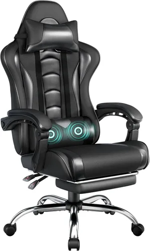 Vista 15 de Yaheetech Silla para videojuegos, silla de videojuegos con soporte lumbar de masaje y reposapiés, silla ergonómica ajustable para computadora
